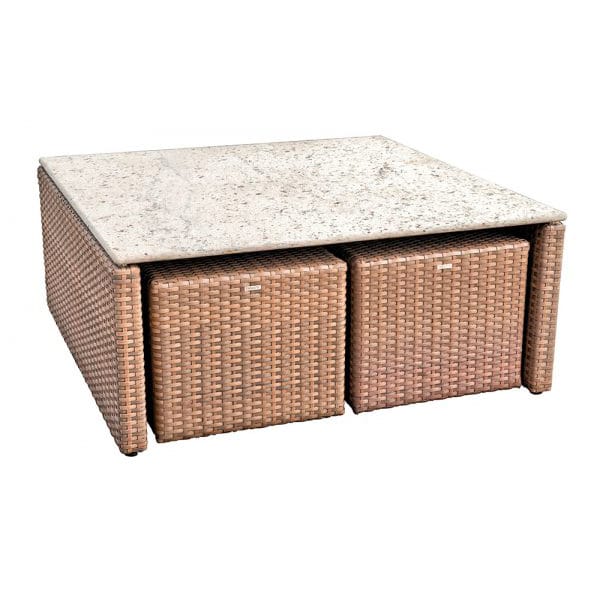 Mesa de Centro com 2 Puffs com Pedra Roma