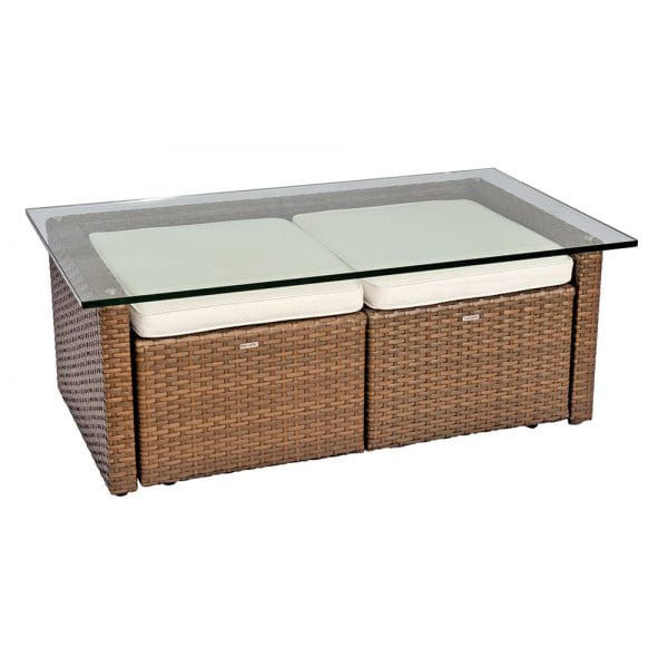 Mesa de Centro com 2 Puffs com Vidro Roma